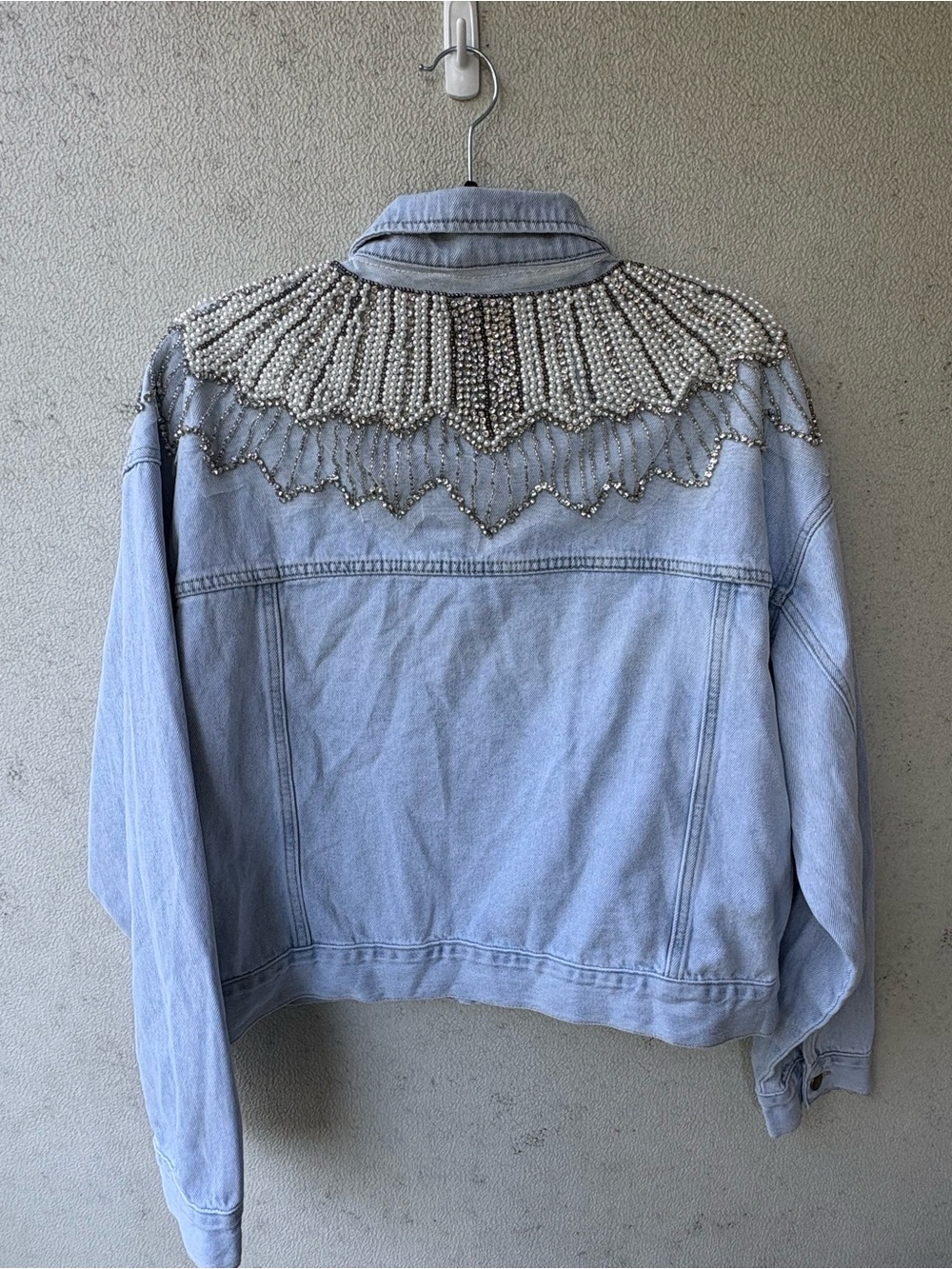 VICI Pearl Rhinestone Denim Jacket L Embellished Crystal Statement